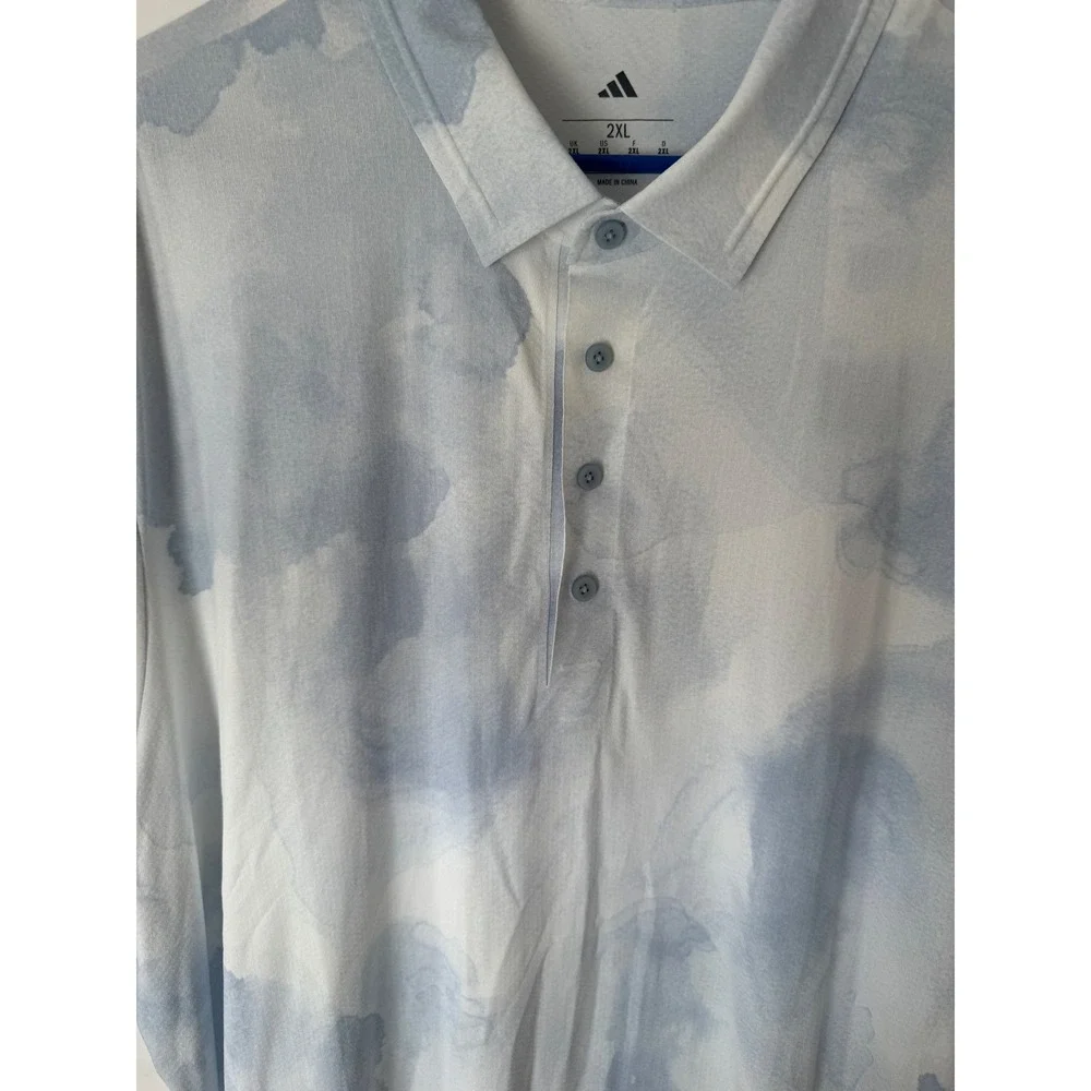 Adidas Mens 2XL Blue White Watercolor Cloud Print Golf‎ Polo Shirt NWT